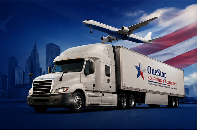 OneStop truck with the company logo, an American flag and an airplane